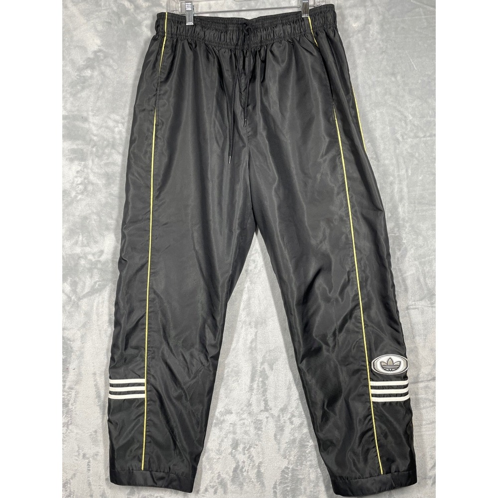 Adidas Vintage Track Pants Black Yellow Piping Stripe Snap Cuffs Lined Mens XL